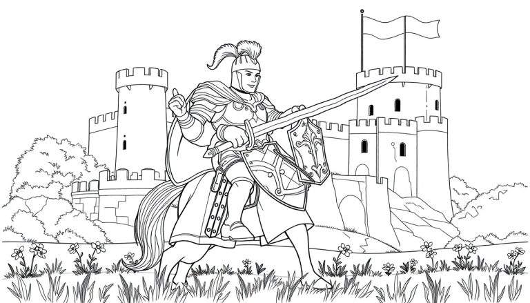 Desenho linear de um cavaleiro em um cavalo em frente a um castelo, com um dedo apontado para cima. Um modelo para colorir.