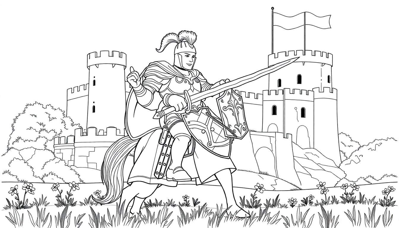 Desenho linear de um cavaleiro em um cavalo em frente a um castelo, com um dedo apontado para cima. Um modelo para colorir.