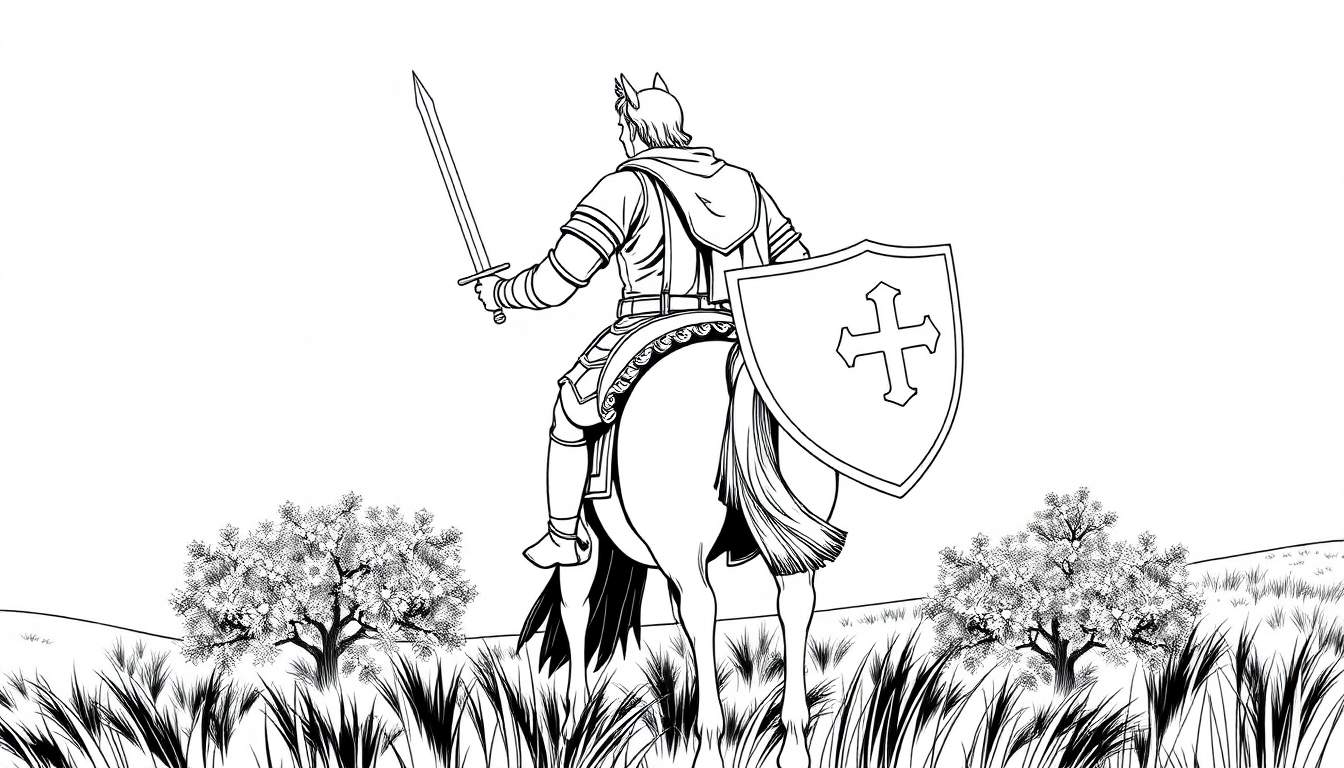 Um cavaleiro de costas em um cavalo com uma espada e escudo, com árvores e fundo branco.