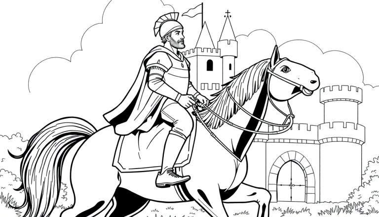 Desenho de linha de um cavaleiro com armadura e capacete, montado num cavalo trottando em frente a um castelo com torres e bandeira. Há grama, arbustos, nuvens no céu.