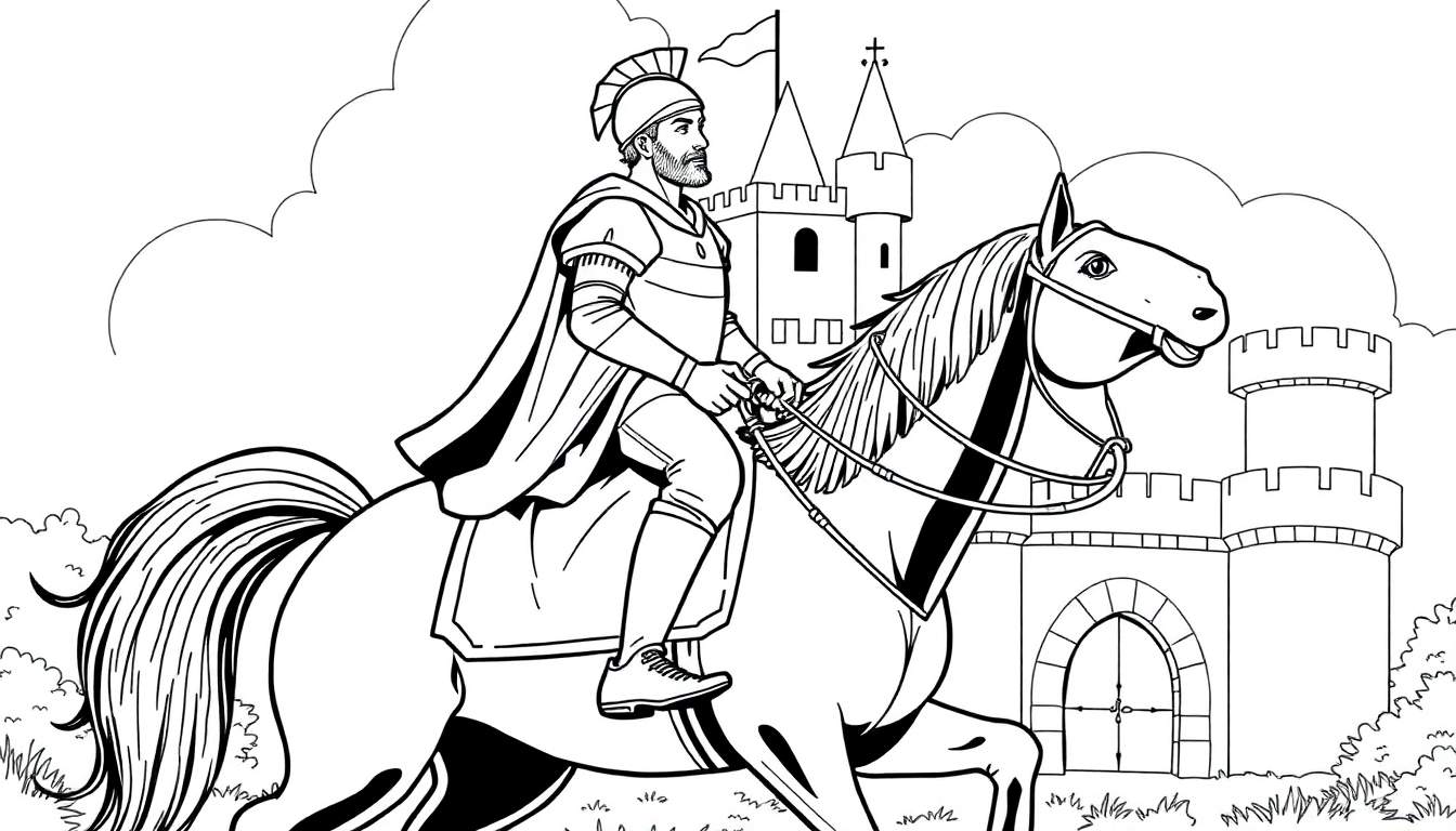 Desenho de linha de um cavaleiro com armadura e capacete, montado num cavalo trottando em frente a um castelo com torres e bandeira. Há grama, arbustos, nuvens no céu.