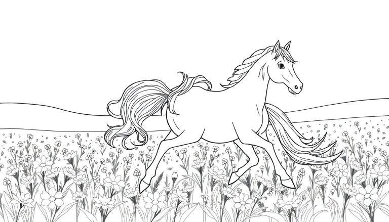 Um cavalo preto e branco galopando em um campo de flores detalhado, pronto para colorir.
