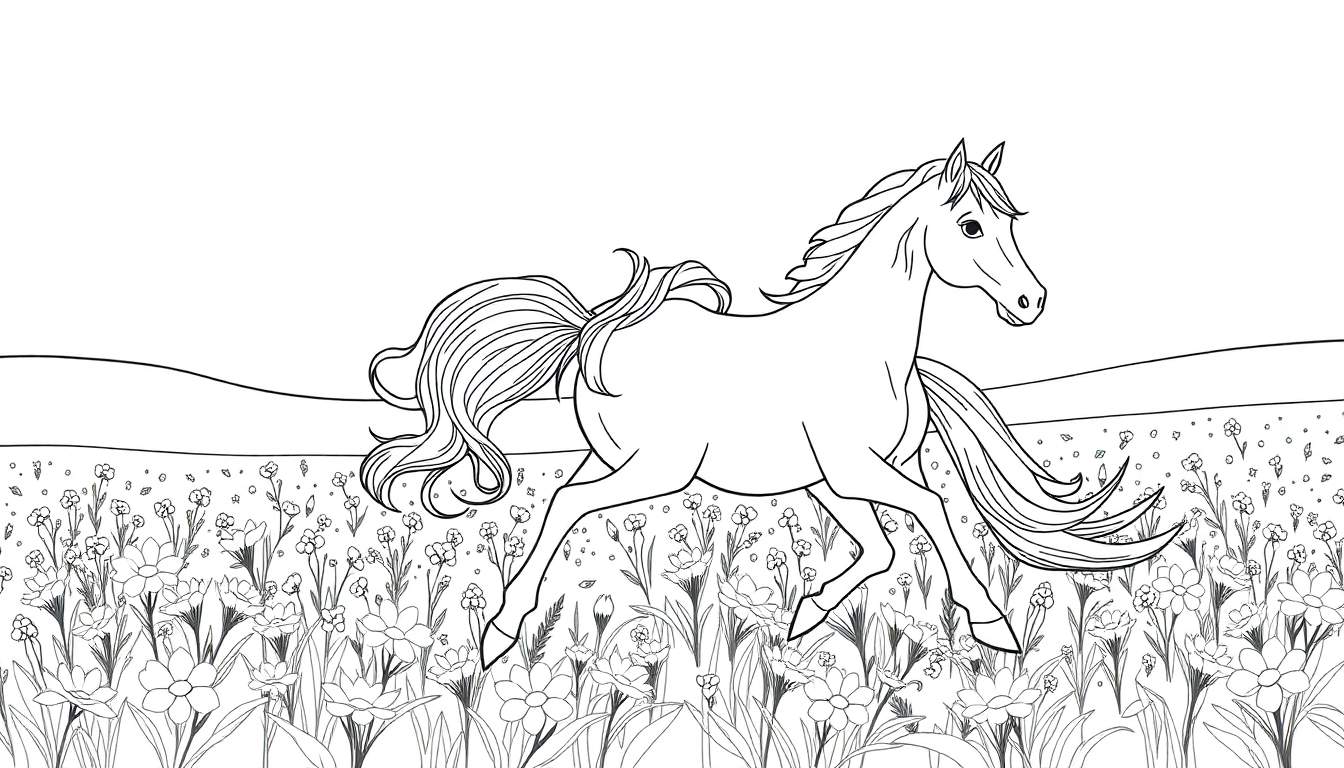 Um cavalo preto e branco galopando em um campo de flores detalhado, pronto para colorir.