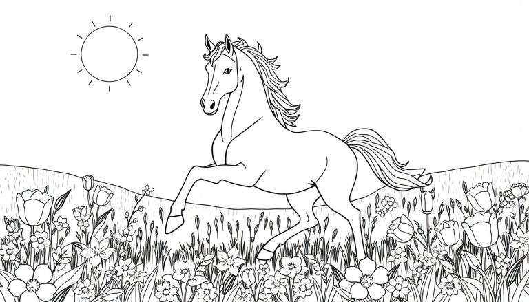 Desenho a preto e branco de um cavalo a galopar num prado florido, com um sol sorridente no céu, para colorir. color panel.