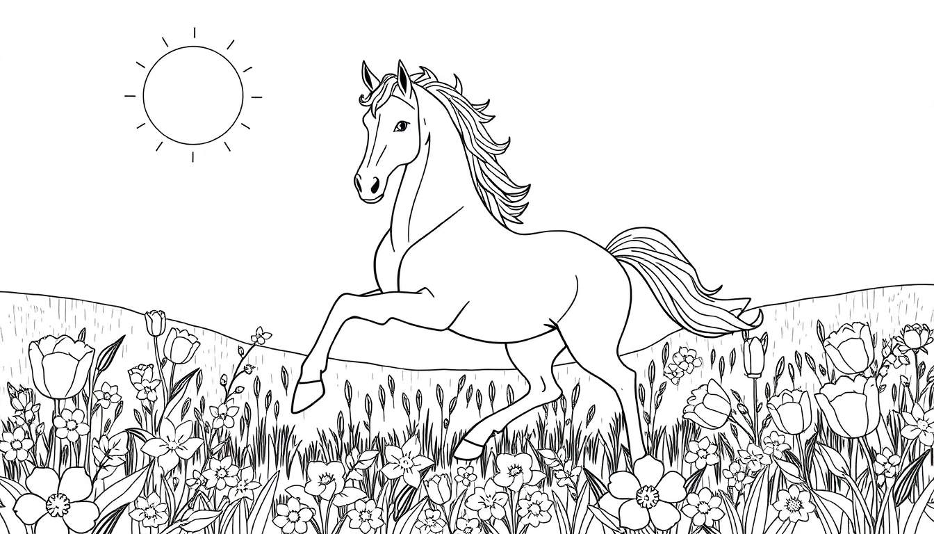 Desenho a preto e branco de um cavalo a galopar num prado florido, com um sol sorridente no céu, para colorir. color panel.