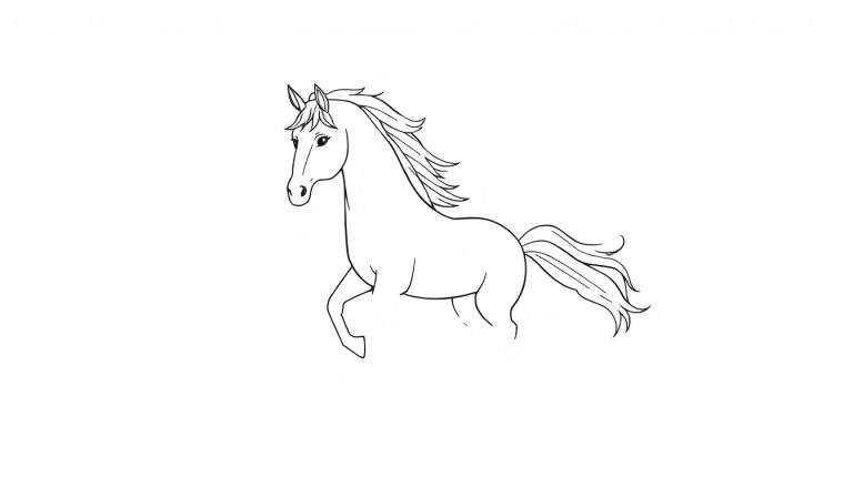Desenho de um cavalo com crina e cauda esvoaçantes, com uma pata levantada, em estilo de desenho animado.