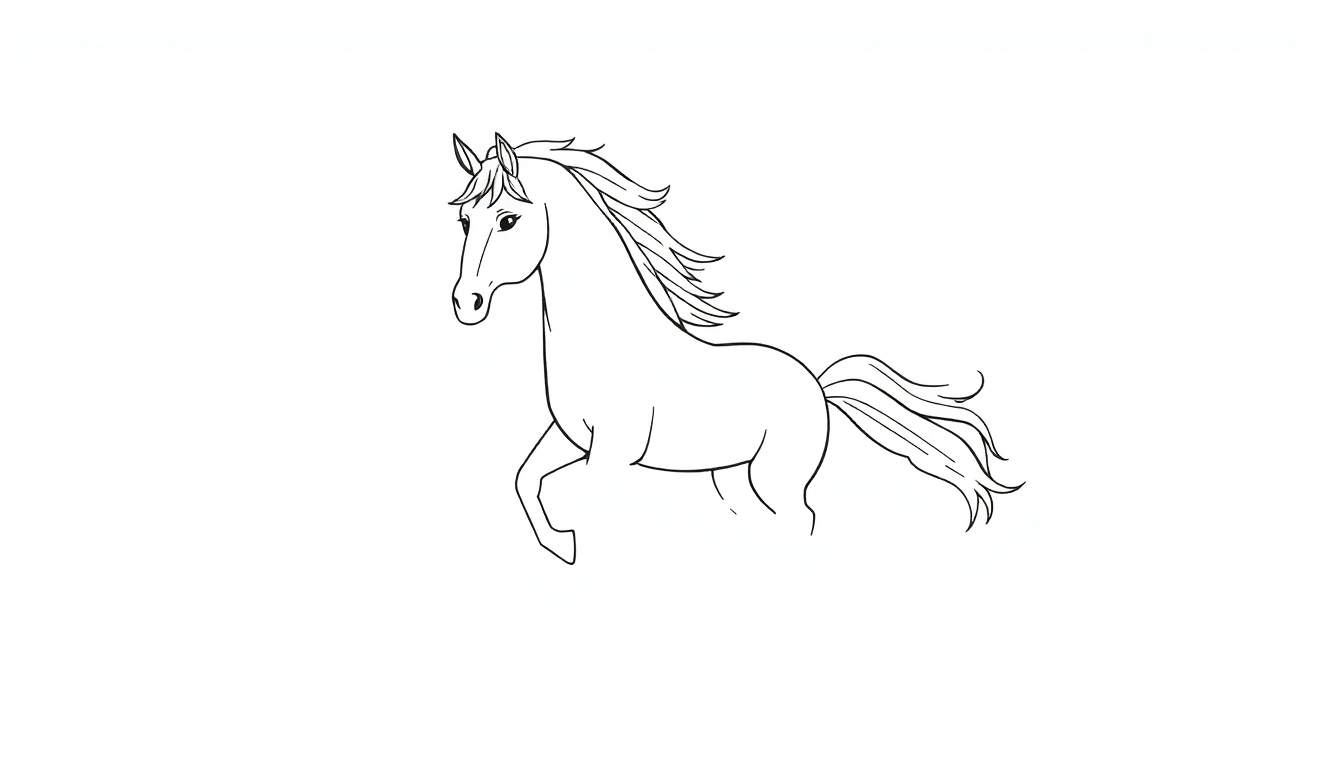 Desenho de um cavalo com crina e cauda esvoaçantes, com uma pata levantada, em estilo de desenho animado.