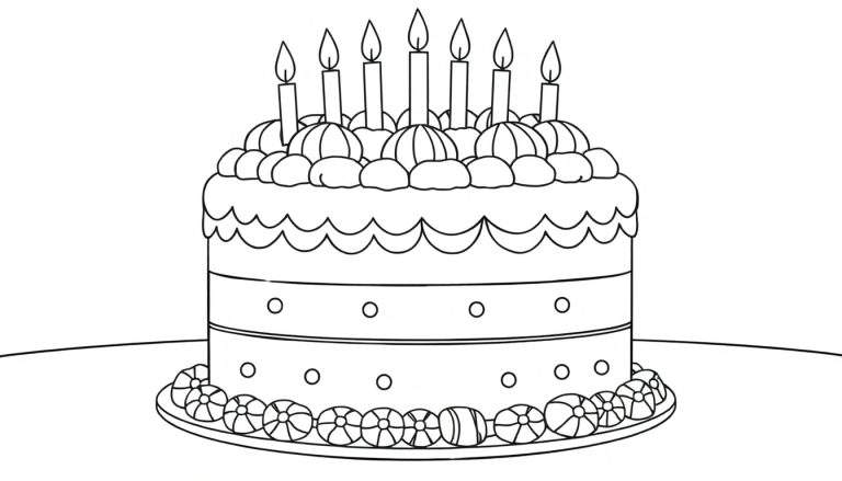 Um bolo de aniversário em preto e branco com sete velas acesas, decorado com babados, círculos e doces. Inclui o color panel.