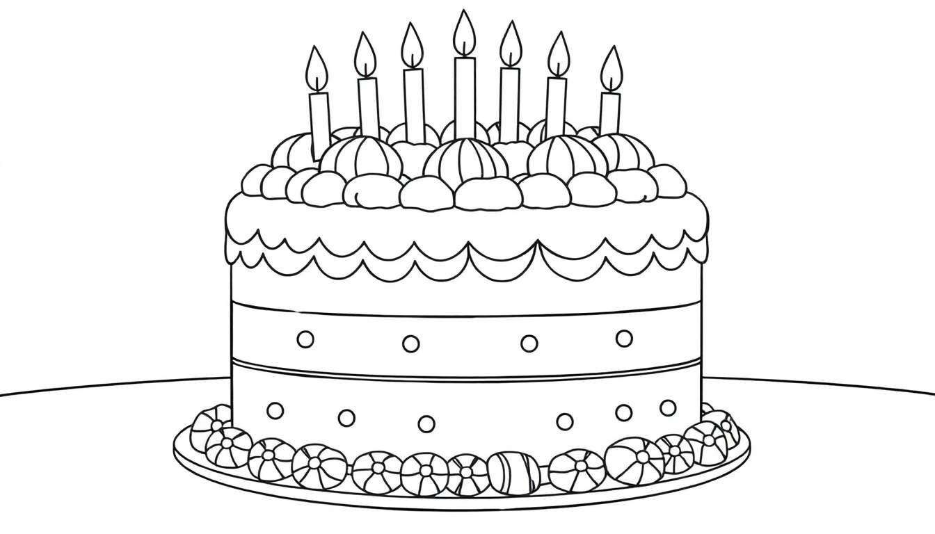 Um bolo de aniversário em preto e branco com sete velas acesas, decorado com babados, círculos e doces. Inclui o color panel.