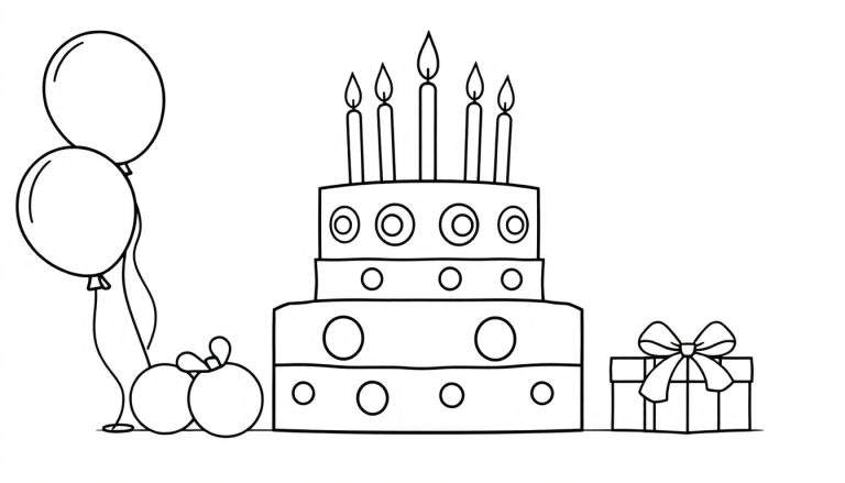 Desenho de um bolo de aniversário de três andares com cinco velas acesas, balões e um presente, pronto para colorir em um color panel.