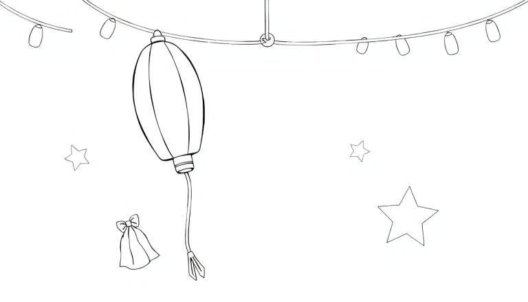 Ilustração festiva em preto e branco com luzes suspensas, lanterna com borla e estrelas. Um color panel virtual espera por você!