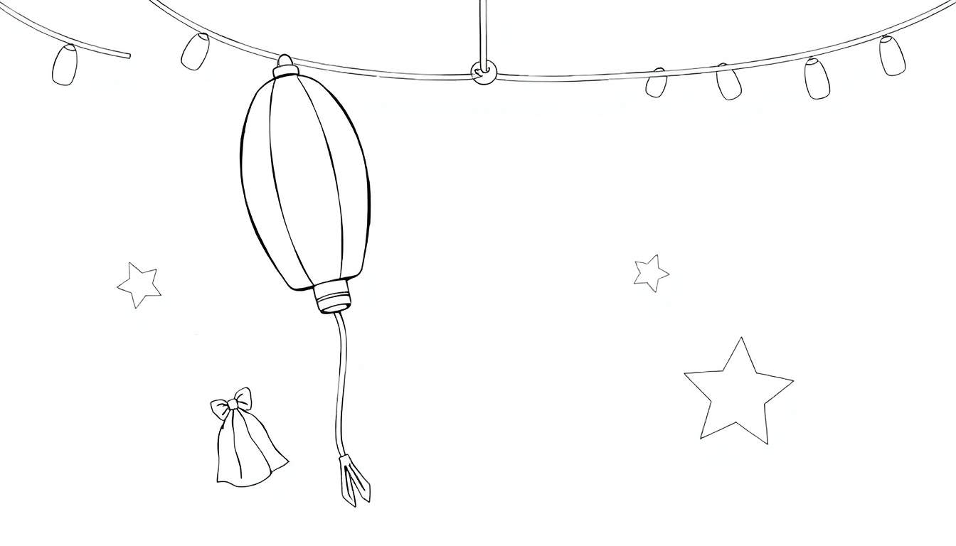 Ilustração festiva em preto e branco com luzes suspensas, lanterna com borla e estrelas. Um color panel virtual espera por você!