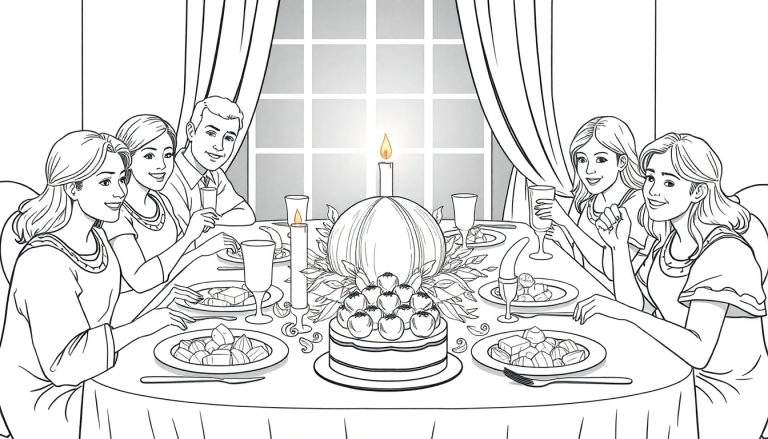 Grupo de seis pessoas sorrindo à mesa de jantar, com um bolo decorado, velas e frutas, em um color panel.
