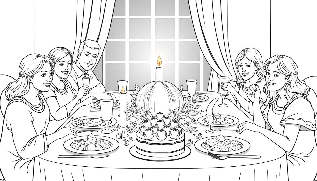 Grupo de seis pessoas sorrindo à mesa de jantar, com um bolo decorado, velas e frutas, em um color panel.