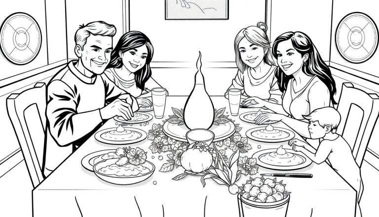 Ilustração a preto e branco de uma família reunida à volta de uma mesa festiva, pronta para uma refeição, numa sala de jantar doméstica. A imagem é do tipo color panel.
