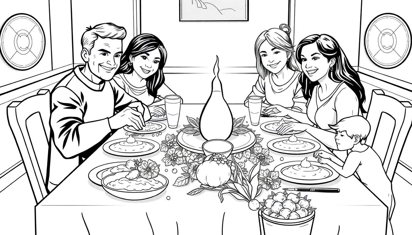 Ilustração a preto e branco de uma família reunida à volta de uma mesa festiva, pronta para uma refeição, numa sala de jantar doméstica. A imagem é do tipo color panel.
