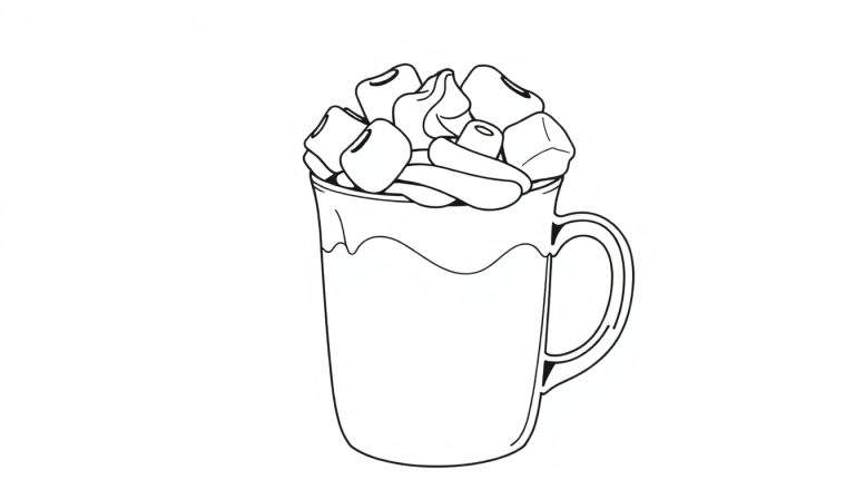 Uma caneca branca de chocolate quente com marshmallows e chantilly, em um color panel acolhedor.