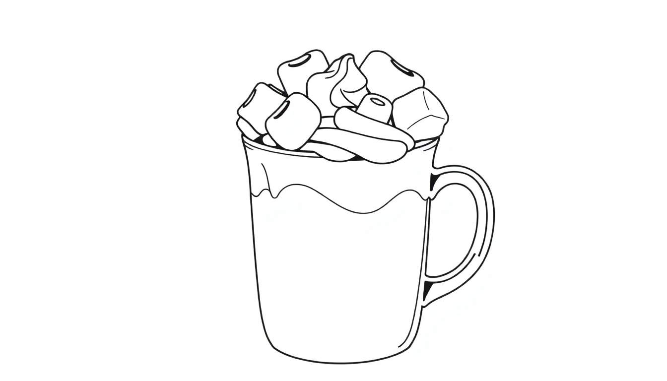 Uma caneca branca de chocolate quente com marshmallows e chantilly, em um color panel acolhedor.