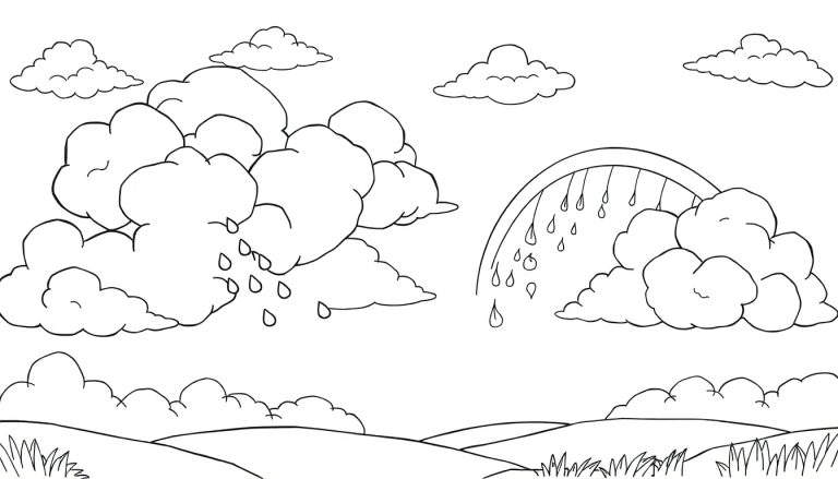 Um desenho de colorir de um céu chuvoso com arco-íris e colinas, um color panel.