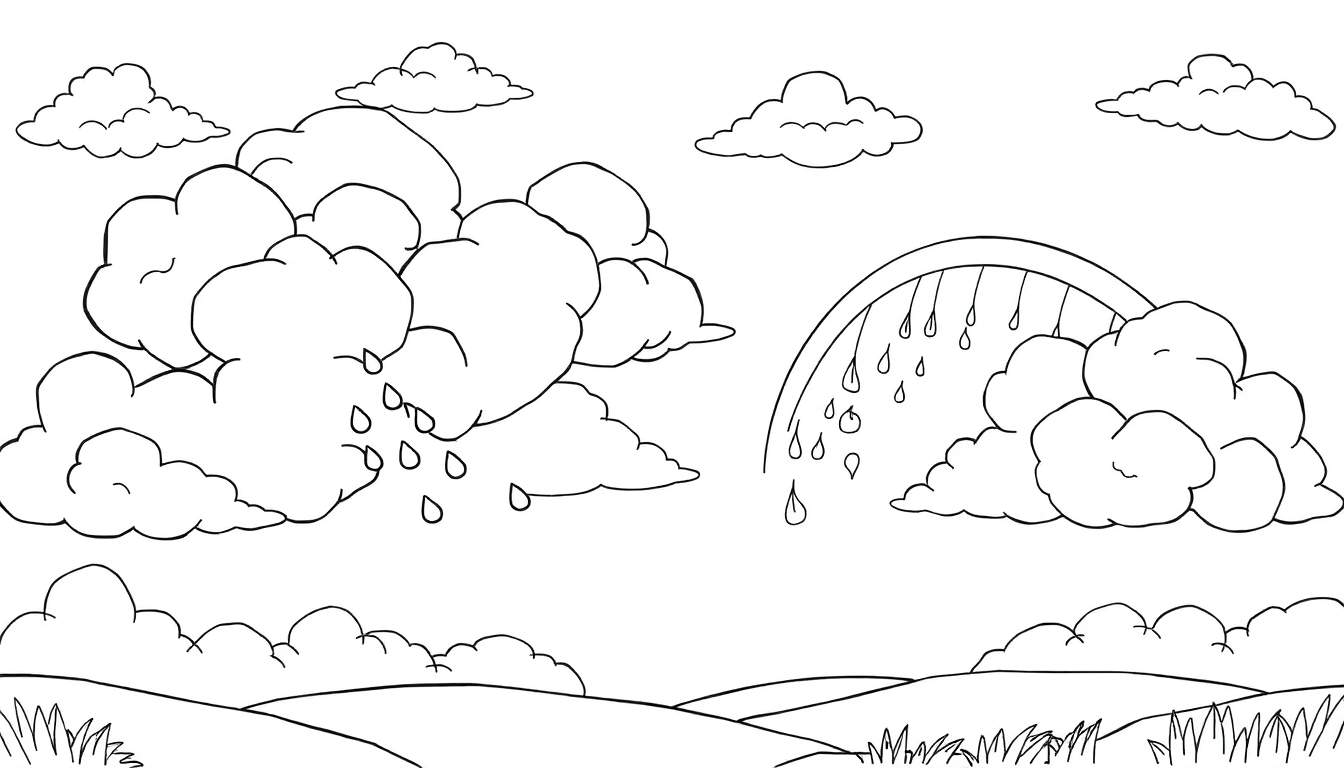 Um desenho de colorir de um céu chuvoso com arco-íris e colinas, um color panel.