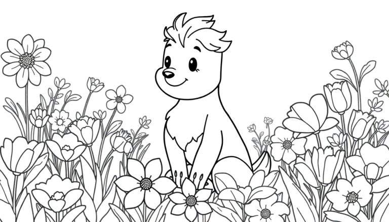 Um adorável coelhinho de orelhas compridas sentado num campo de flores, perfeito para o seu próximo color panel.