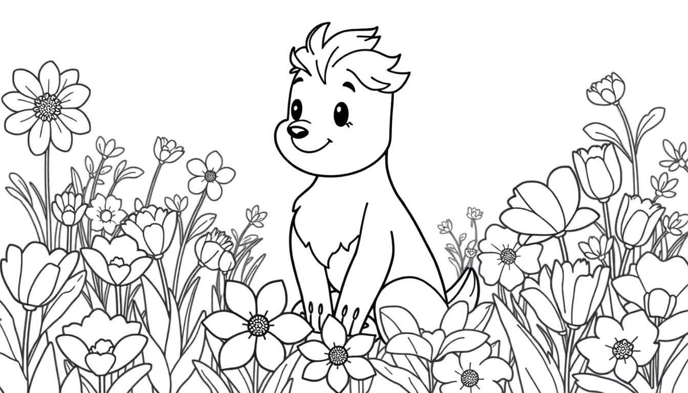 Um adorável coelhinho de orelhas compridas sentado num campo de flores, perfeito para o seu próximo color panel.
