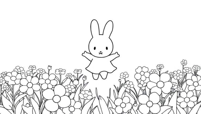 Um coelho estilizado em preto e branco, com um vestido simples, de pé em um campo de flores. O coelho tem orelhas longas e olhos redondos. O campo de flores é denso com flores de vários tamanhos. O design é semelhante a um color panel.