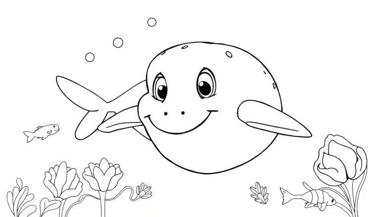 Desenho em preto e branco de um mundo subaquático com uma baleia sorridente, peixes e plantas aquáticas. Adequado para colorir.
