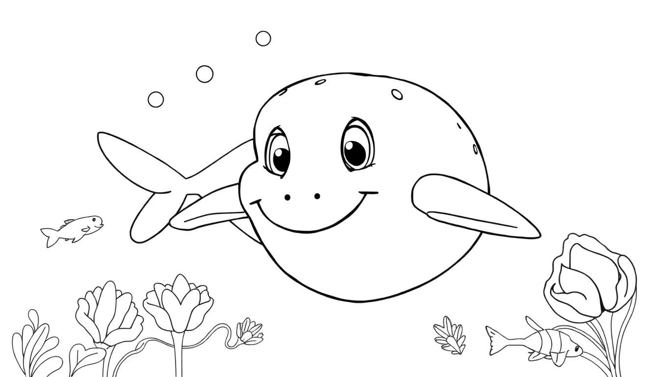 Desenho em preto e branco de um mundo subaquático com uma baleia sorridente, peixes e plantas aquáticas. Adequado para colorir.