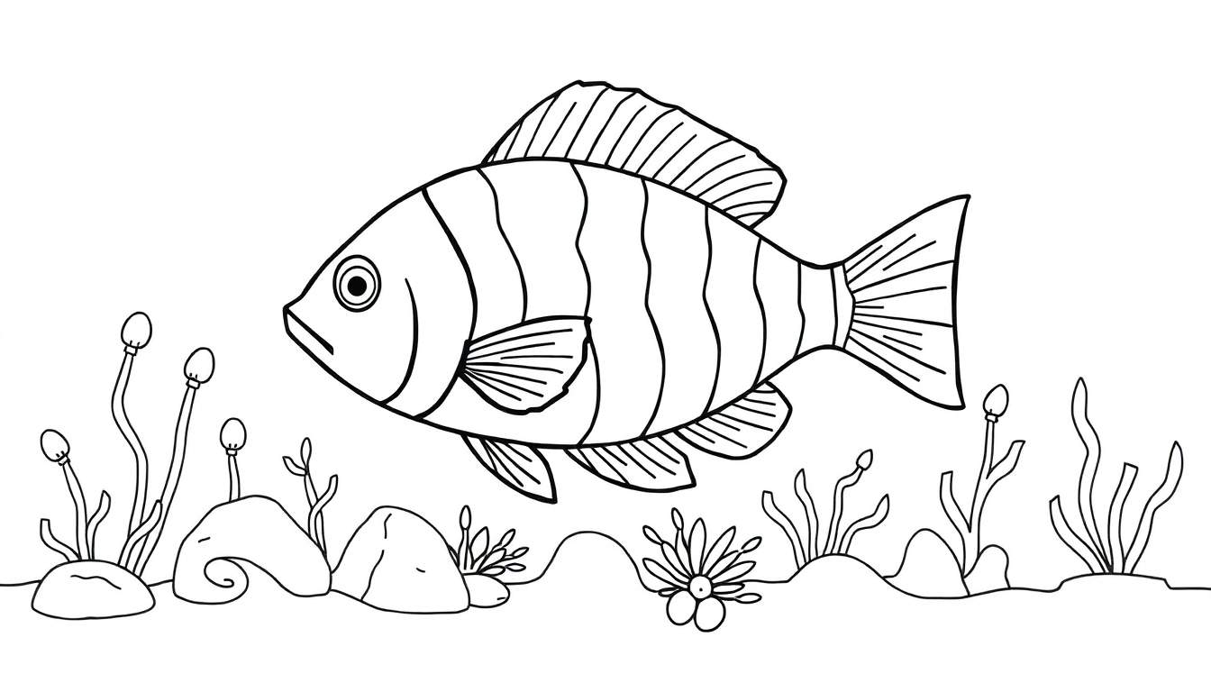 Um peixe palhaço feliz a nadar num recife de corais, rodeado por bolhas e peixes pequenos, pronto para ser colorido no color panel.