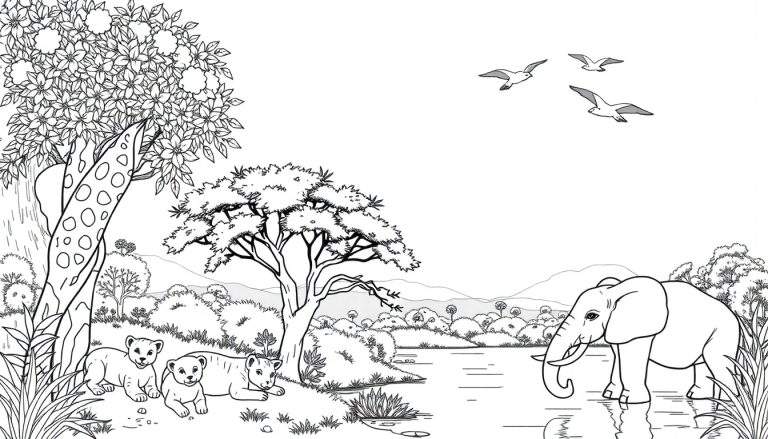 Savana africana em preto e branco para colorir, com filhotes de leão descansando, um elefante bebendo água e pássaros voando.