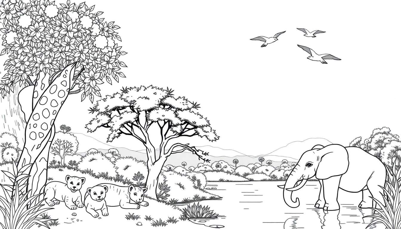 Savana africana em preto e branco para colorir, com filhotes de leão descansando, um elefante bebendo água e pássaros voando.