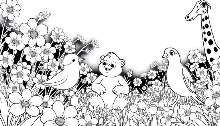 Um urso sorridente sentado em um campo de flores com pássaros e uma girafa ao fundo em um color panel.