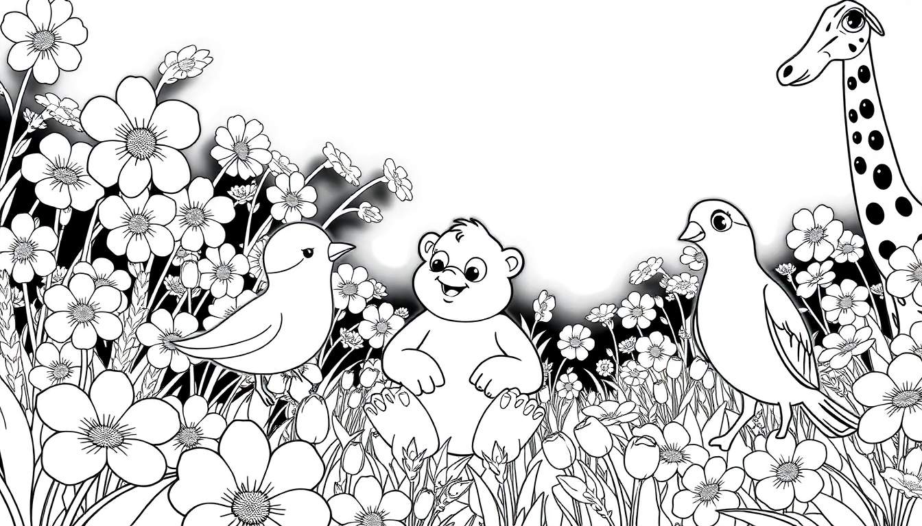 Um urso sorridente sentado em um campo de flores com pássaros e uma girafa ao fundo em um color panel.