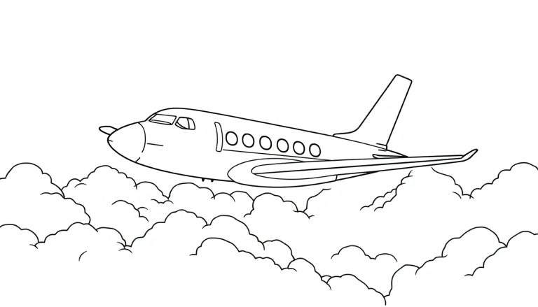Um avião preto e branco voa através de nuvens brancas fofas em um color panel.