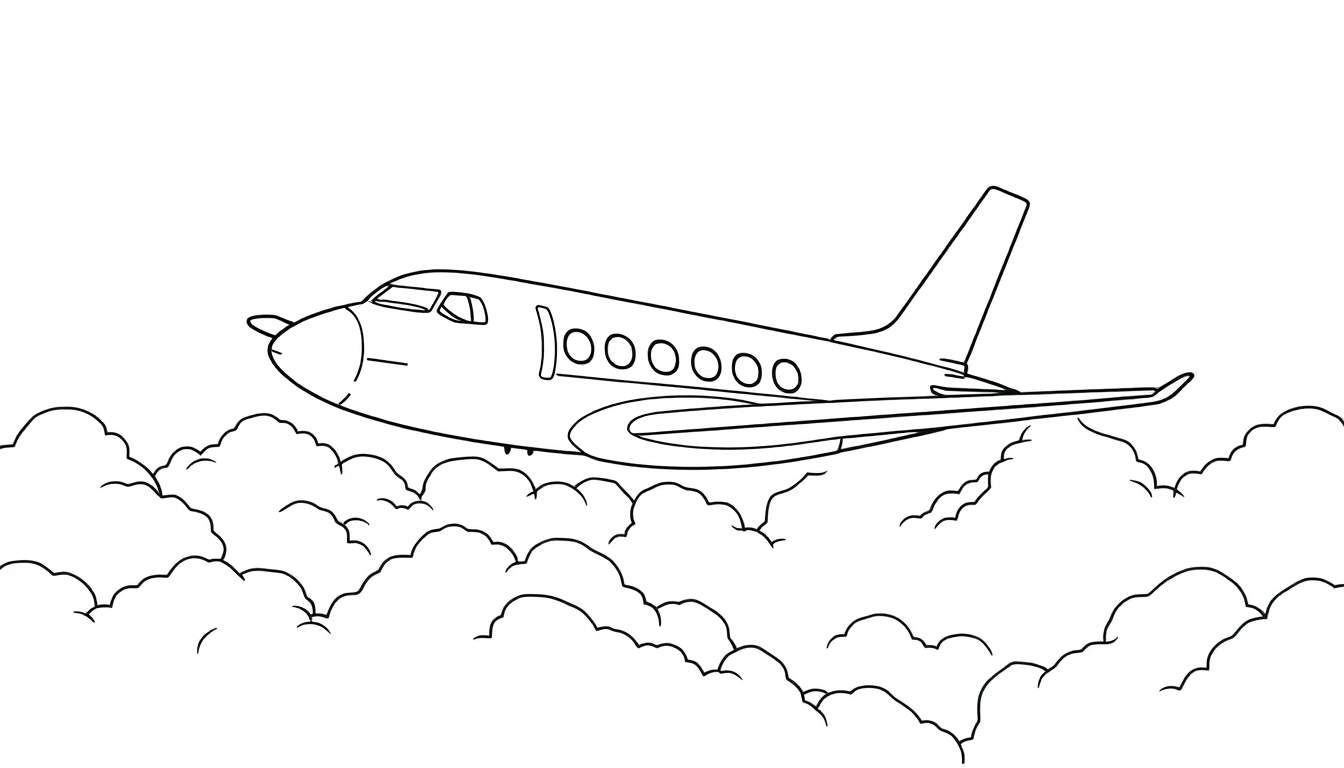 Um avião preto e branco voa através de nuvens brancas fofas em um color panel.