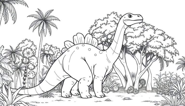 Um Brontossauro de desenho animado num color panel com árvores pré-históricas.