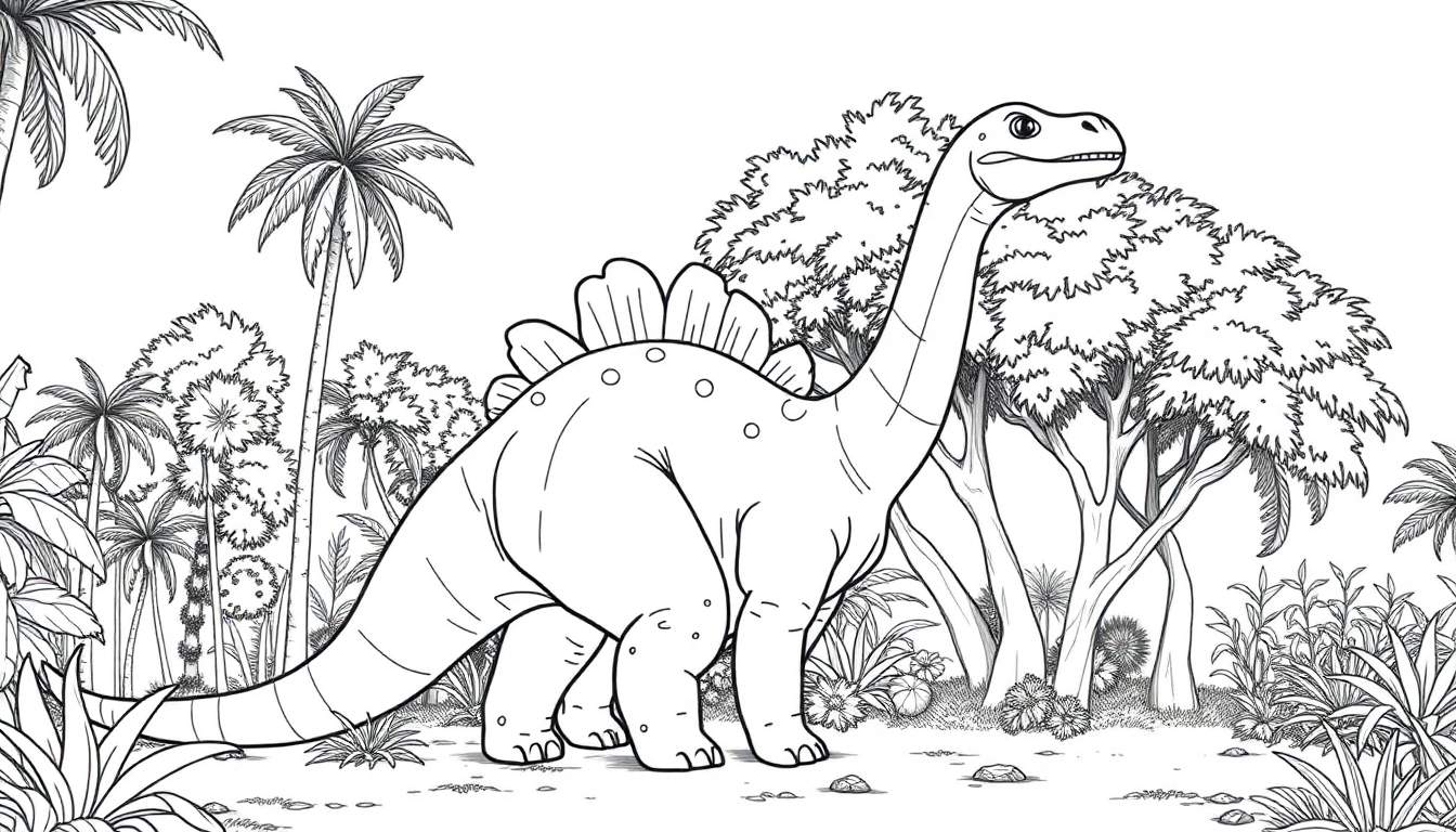 Um Brontossauro de desenho animado num color panel com árvores pré-históricas.