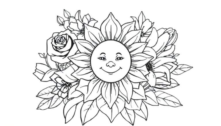 Desenho em preto e branco de um grande girassol sorridente cercado por outras flores e folhas, como um color panel.