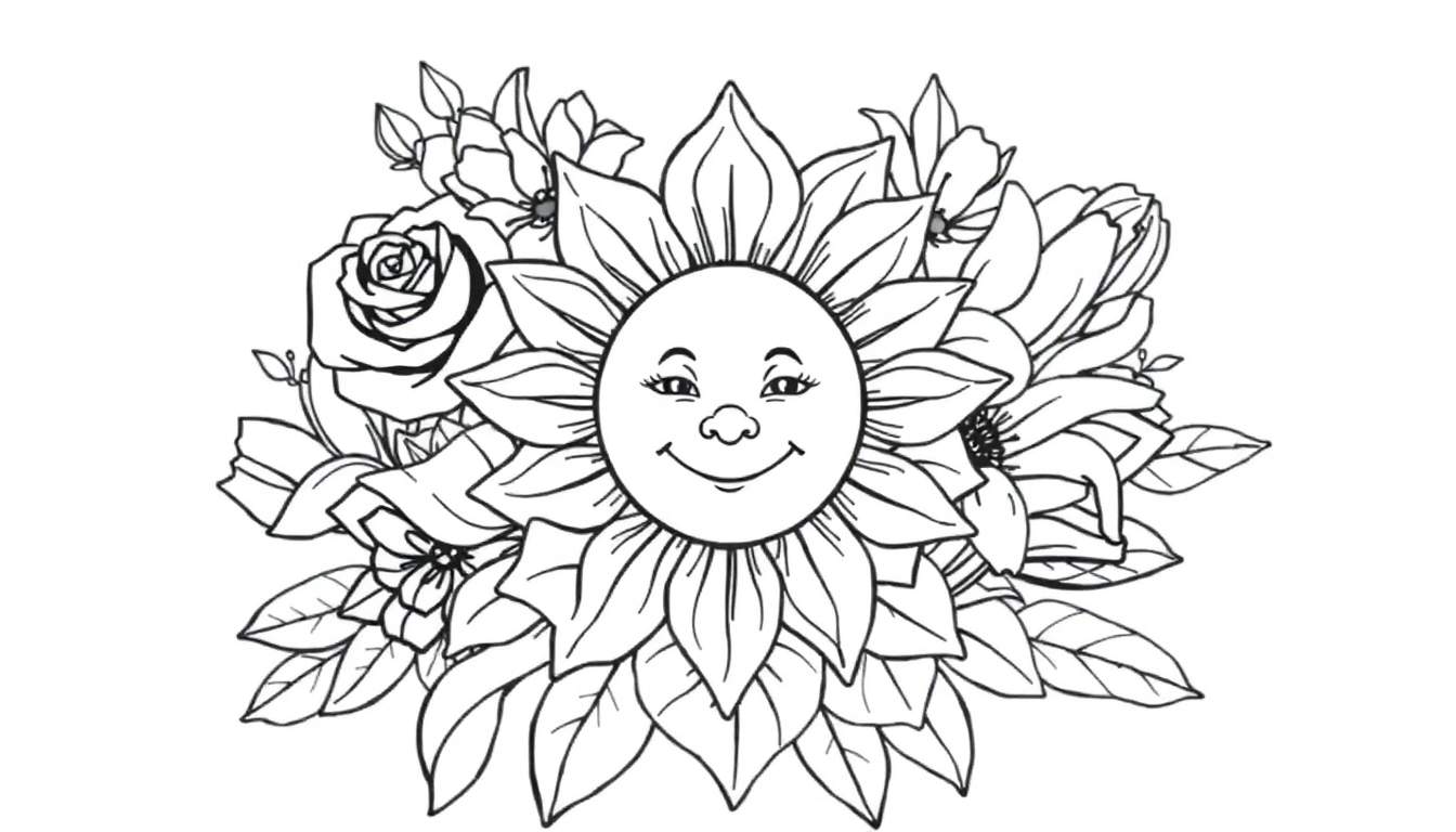 Desenho em preto e branco de um grande girassol sorridente cercado por outras flores e folhas, como um color panel.