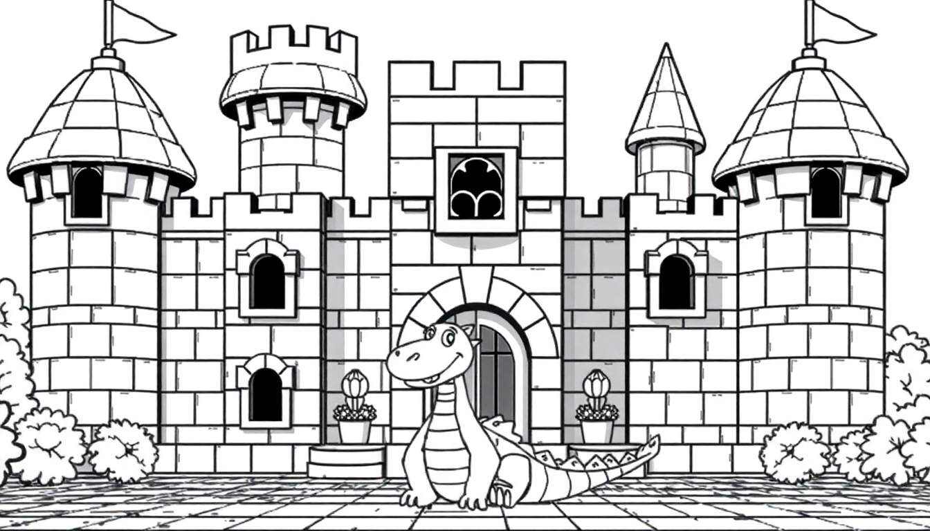 Desenho de um castelo de blocos com bandeiras e um dragão amigável, pronto para ser pintado.