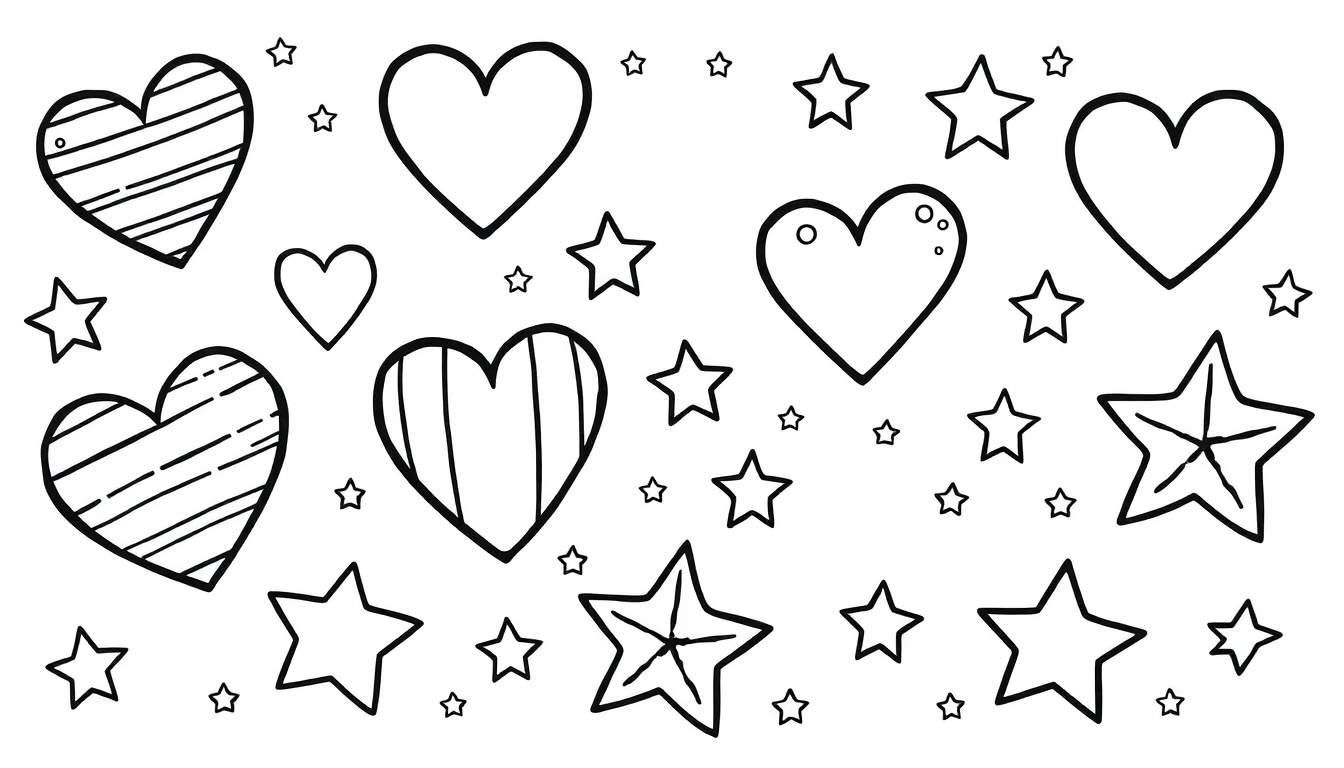 Uma página de colorir com vários corações e estrelas em um color panel.