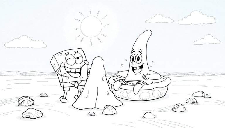 Um color panel de Bob Esponja e Patrick na praia, pronto para colorir.