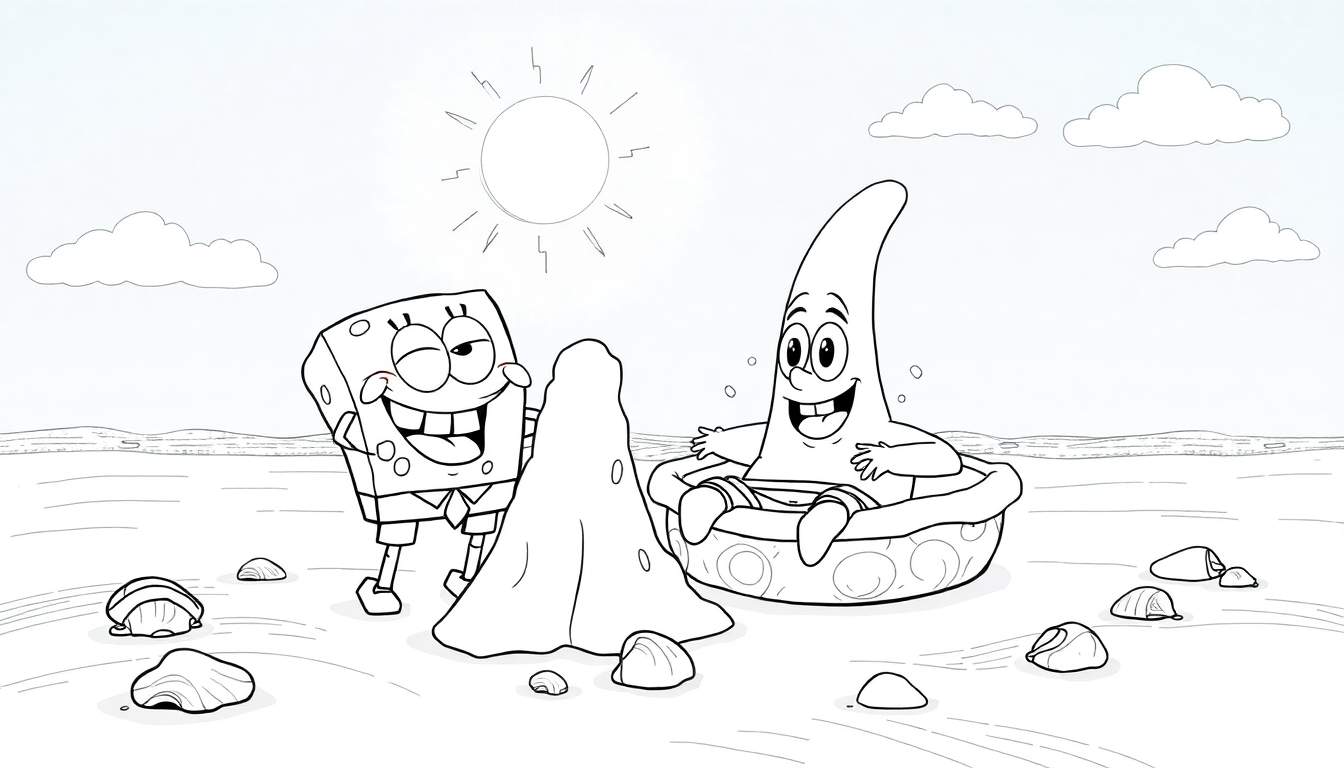 Um color panel de Bob Esponja e Patrick na praia, pronto para colorir.