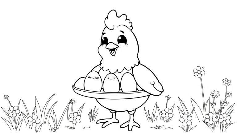 Frango de desenho animado com ovos sorridentes em um prato, rodeado por flores e grama, um divertido color panel para crianças.