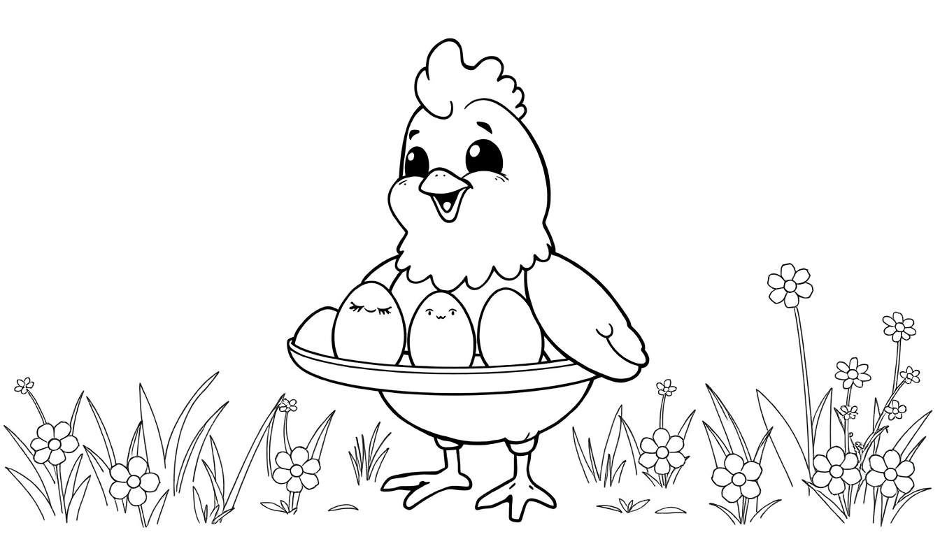 Frango de desenho animado com ovos sorridentes em um prato, rodeado por flores e grama, um divertido color panel para crianças.