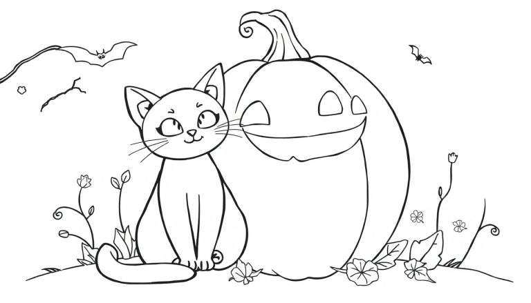Um gato preto fofo sentado ao lado de uma abóbora sorridente em um color panel de Halloween.