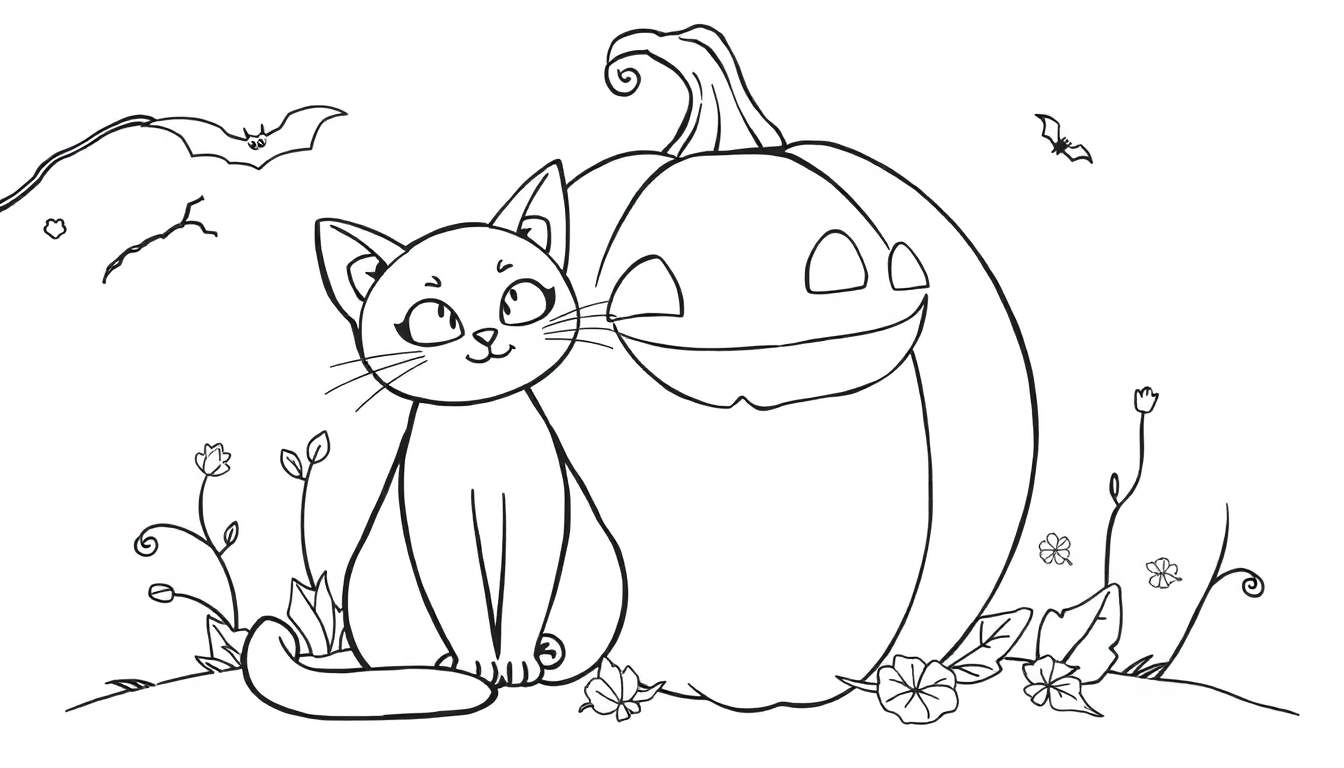 Um gato preto fofo sentado ao lado de uma abóbora sorridente em um color panel de Halloween.