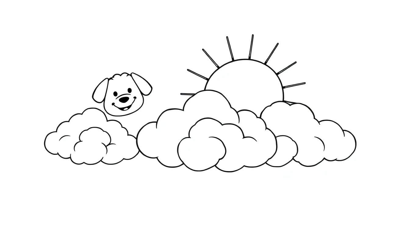 Página de colorir com um cachorro sorrindo espreitando de uma nuvem, com o sol aparecendo por trás das nuvens.