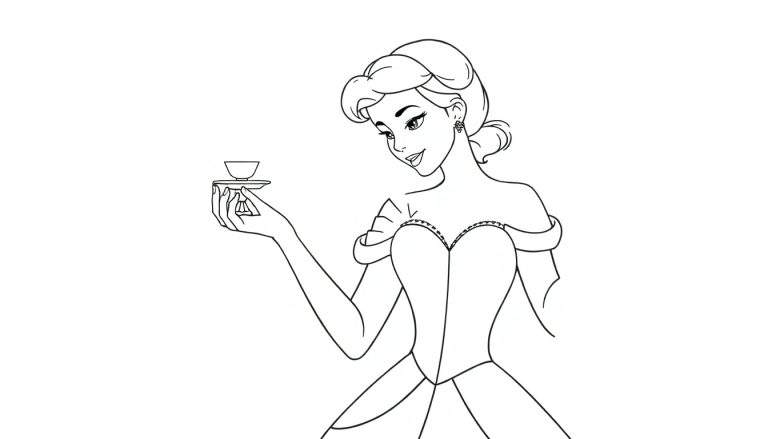 Desenho de uma mulher em preto e branco, segurando uma xícara de chá em uma bandeja. Estilo página de colorir.